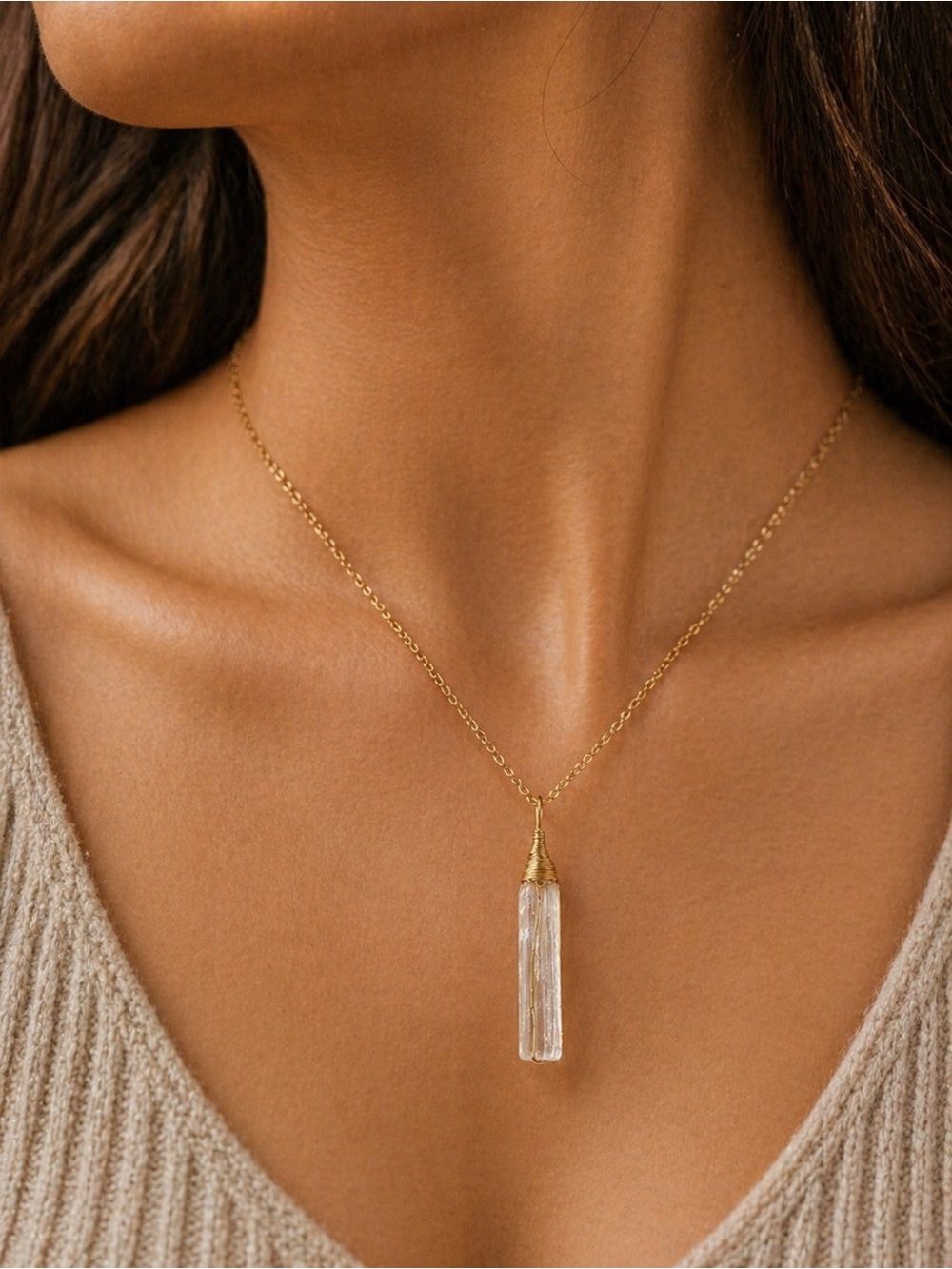 Gold Crystal Pendant Necklace | Dainty Minimalist Quartz Drop | Boho Luxe